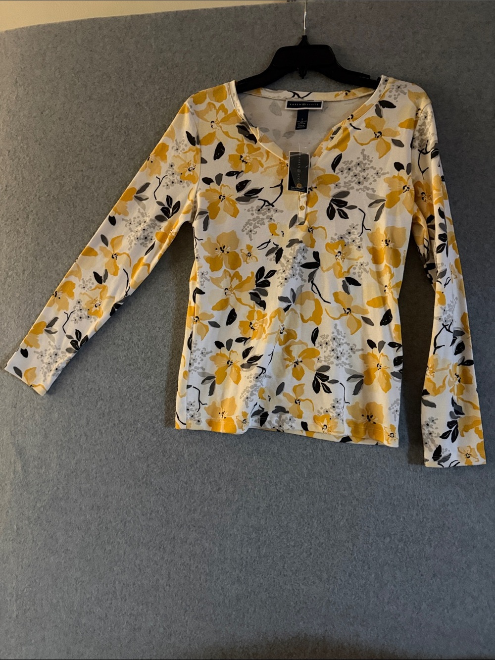 Karen Scott White Long-Sleeve V-Neck Top with Yellow Floral Print